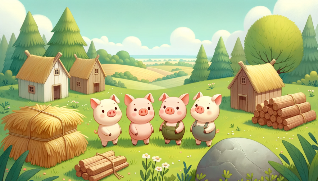 Hier ist die Illustration, die alle drei kleinen Schweinchen zeigt, bevor sie mit dem Bau ihrer Häuser beginnen. Man kann ihre unterschiedlichen Baumaterialien und ihre Vorfreude auf das bevorstehende Abenteuer erkennen.
