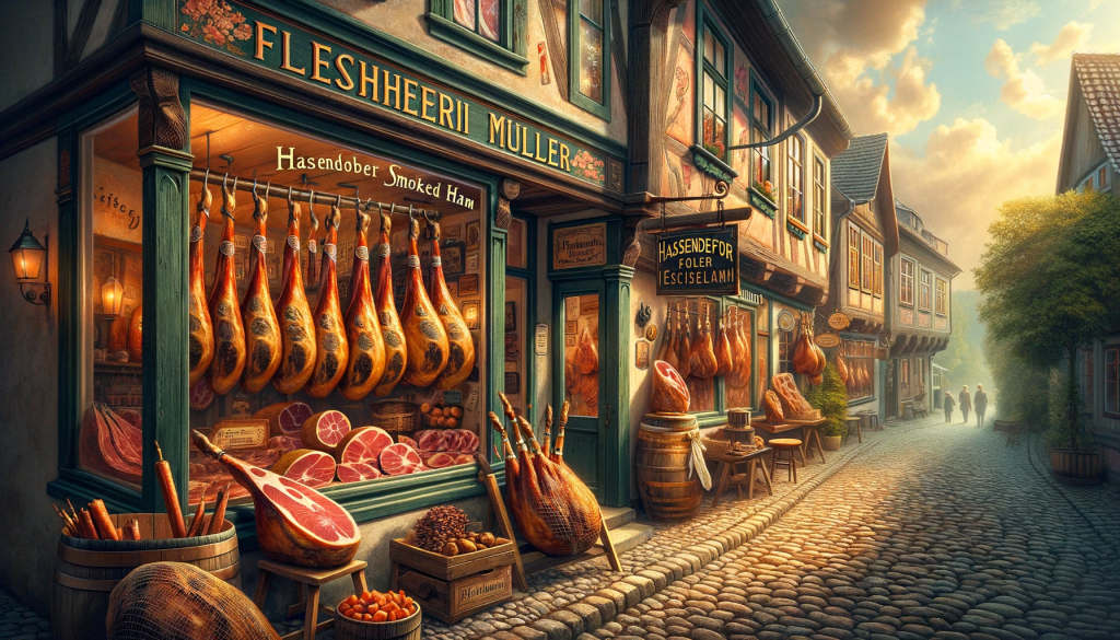 A picturesque scene of Hasendorf, a village in the countryside of Ackerland, renowned for its culinary specialty, the Hasendorfer smoked ham. Imagine a charming street in the village, with the sign 'Fleischerei Müller' prominently displayed. This traditional butcher shop is known for its smoked ham, a symbol of local heritage and community. The street is bustling with locals and visitors, eager to try this delicacy. The butcher shop, with an old-fashioned storefront, exudes a warm, welcoming vibe. In the foreground, a display of the famous smoked hams, rich in color and texture, hints at the meticulous smoking process. The hams hang in a traditional smoking chamber, visible through a window, showcasing the age-old recipe and beechwood smoking technique. This scene captures the essence of Hasendorf's pride in its smoked ham, a culinary treasure that draws people from far and wide.