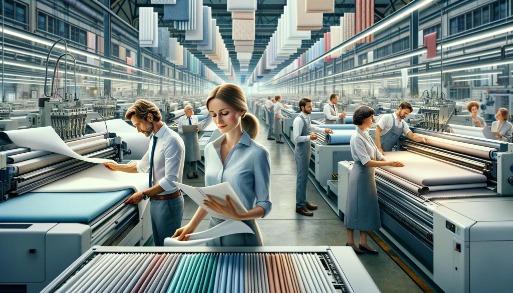 Ein Foto, das das Innere der Textilfabrik Butha zeigt, wo verschiedene Mitarbeiter ihrer Arbeit nachgehen. Es zeigt eine Frau, Anna Richter, mit mittlerem Teint, die Textilmuster prüft, und einen Mann, Markus Lehmann, mit hellem Teint, der die Maschinen kontrolliert. Die Szene zeigt eine Reihe von Textilien von leichter Baumwolle bis zur schimmernden "Butha-Seide", wobei die Stoffe auf Arbeitstischen ausgestellt sind und die hochmodernen Maschinen in Betrieb sind, was die hochwertige Produktionsumgebung widerspiegelt.