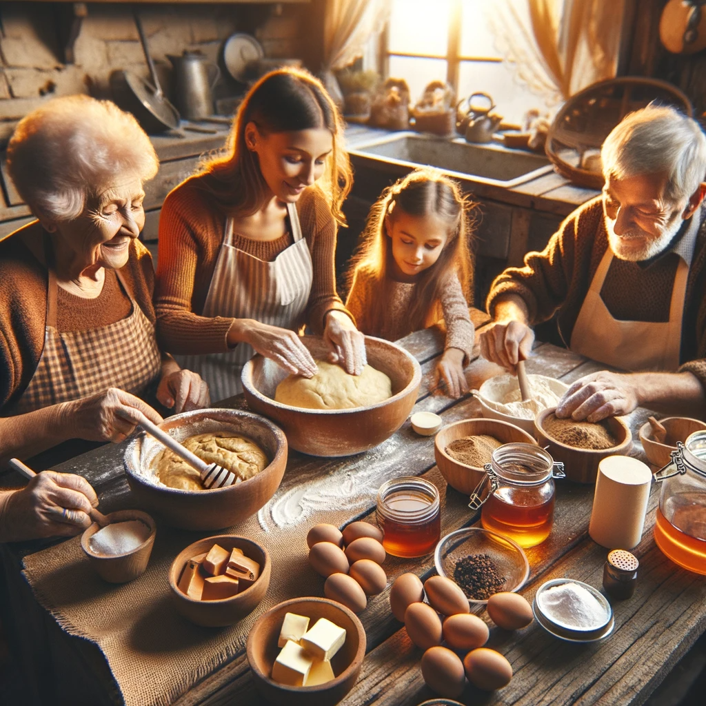 Photo of a rustic kitchen in Folksi where a family is gathered around a wooden table. They are in the process of preparing Pfefferkuchen dough. On the table are bowls of ingredients like honey, brown sugar, butter, and spices. An elderly woman is kneading the dough, while a young girl is pouring honey, and a man is measuring out spices. The atmosphere is warm and filled with joy, with golden sunlight filtering through a window.