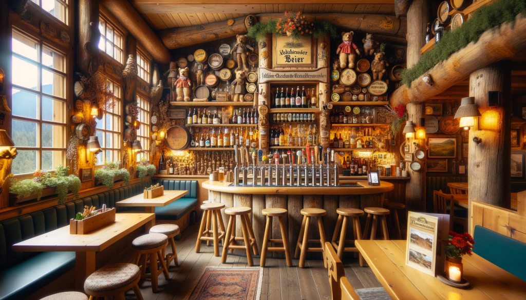 Innenraums der Talfloser Bierstube. Ein gemütlicher Gastraum mit rustikaler Einrichtung und sorgfältig ausgewählten Dekorationen. Im Zentrum des Bildes steht die schöne Theke, die eine beeindruckende Auswahl an Bieren präsentiert, darunter lokale Spezialitäten und bekannte Marken.