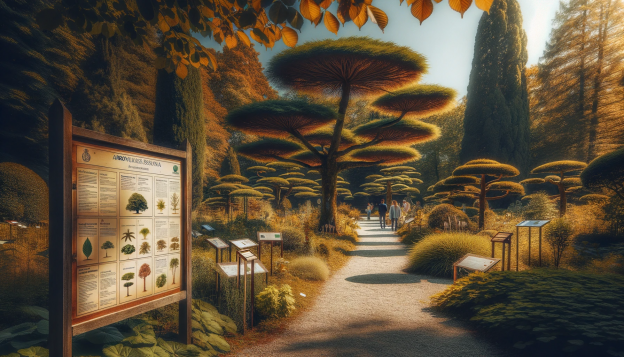 Foto im Querformat einer speziellen Ecke des Arboretums von Lorma, in der seltene und bedrohte Baumarten wachsen. Informationstafeln stehen neben einigen Bäumen, und im Hintergrund sind Wissenschaftler der Universität von Butha bei der Arbeit zu sehen, die Pflanzen untersuchen und Notizen machen.