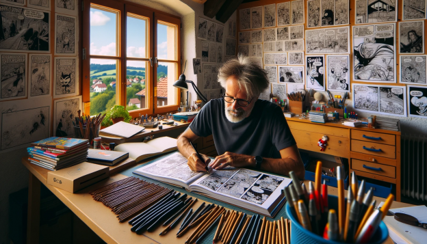 Der Künstler, Lukas Koch, sitzt an einem großen Zeichentisch, umgeben von Skizzenbüchern, Stiften und Farben. An den Wänden hängen gerahmte Comics und Zeichnungen. Durch ein Fenster im Hintergrund sieht man die idyllische Landschaft von Lorma.