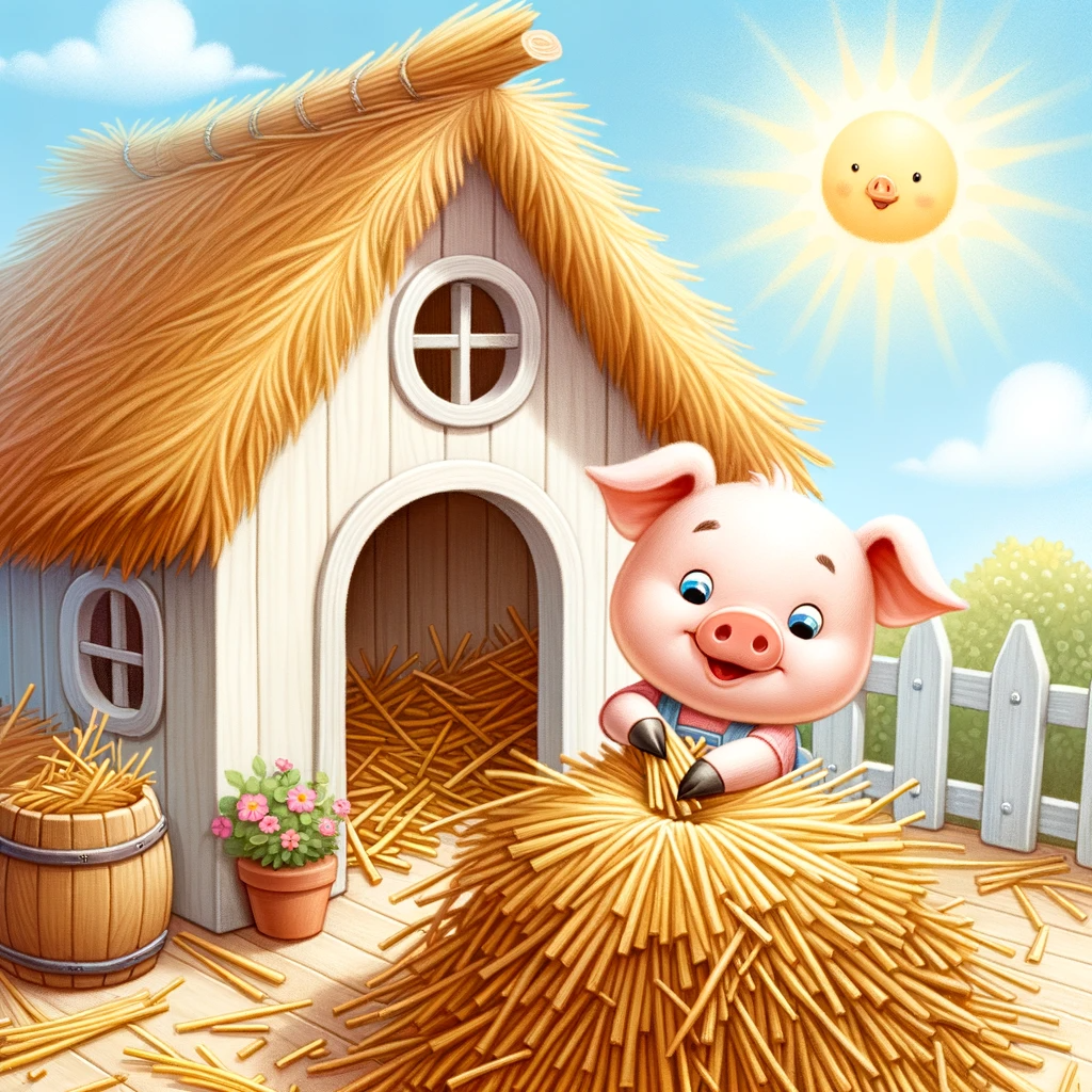 Das erste kleine Schweinchen baut sein Strohhaus.