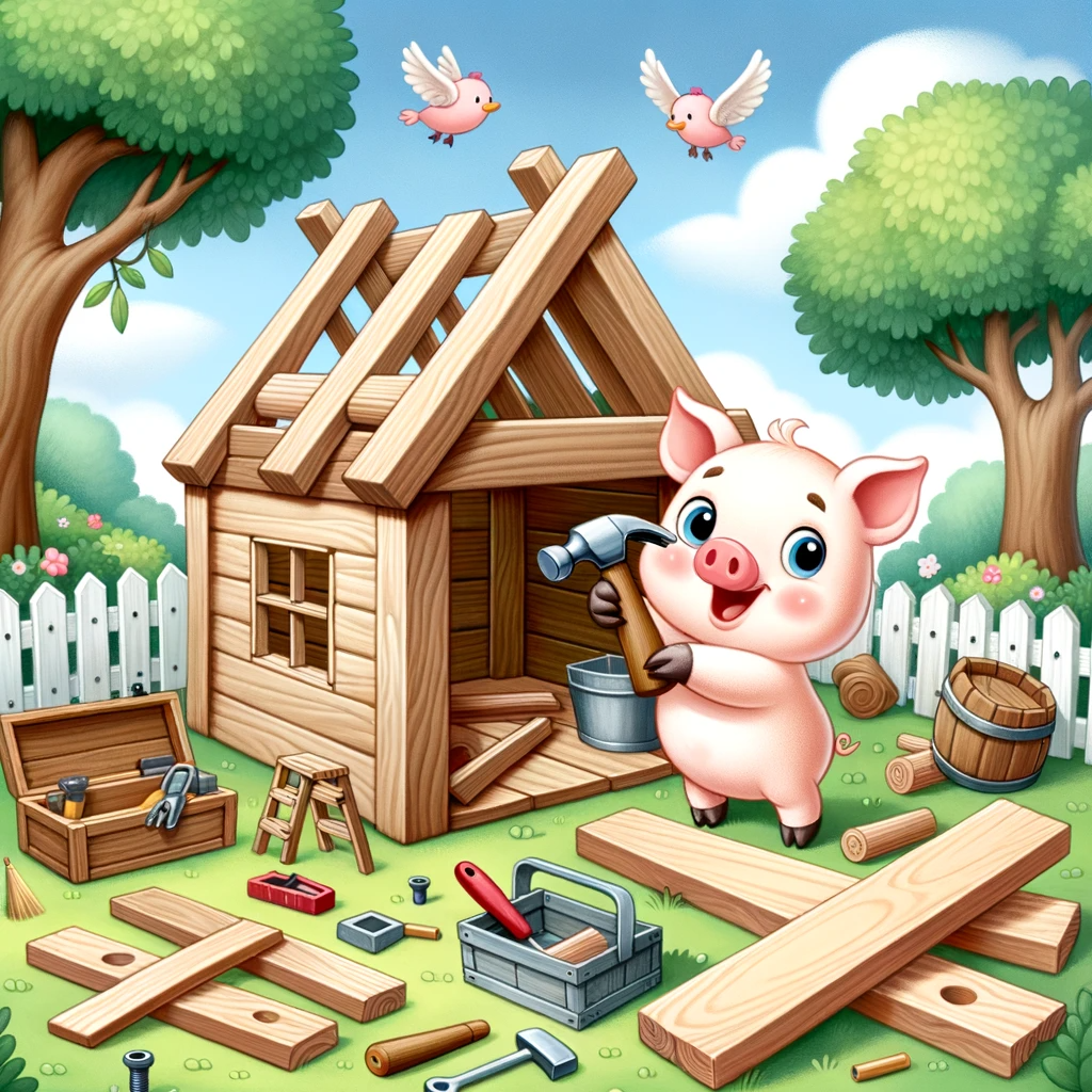 Das zweite kleine Schweinchen baut sein Holzhaus.