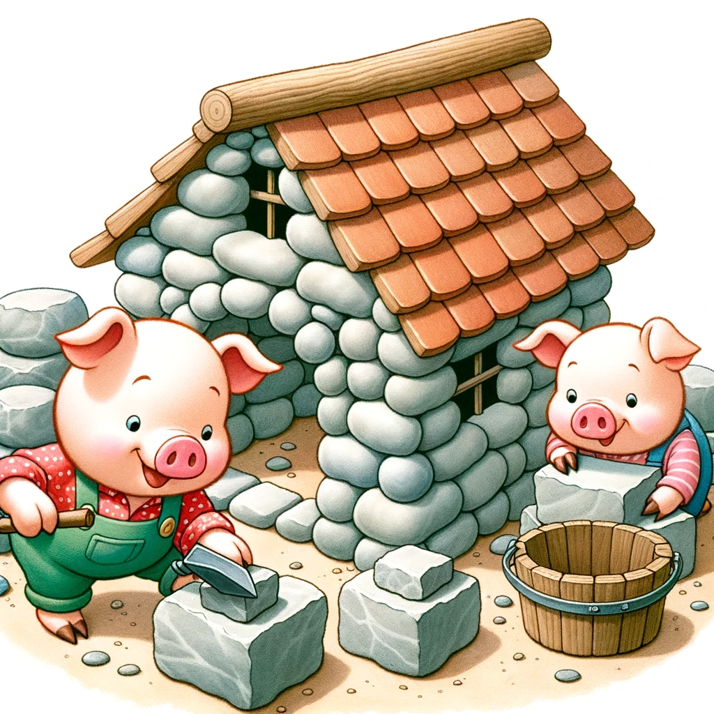 Das dritte und klügste Schweinchen errichtet sein Steinhaus.
