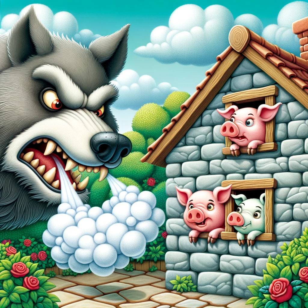 Der große böse Wolf versucht vergeblich, das Steinhaus niederzupusten, während die drei Schweinchen von innen zuschauen.