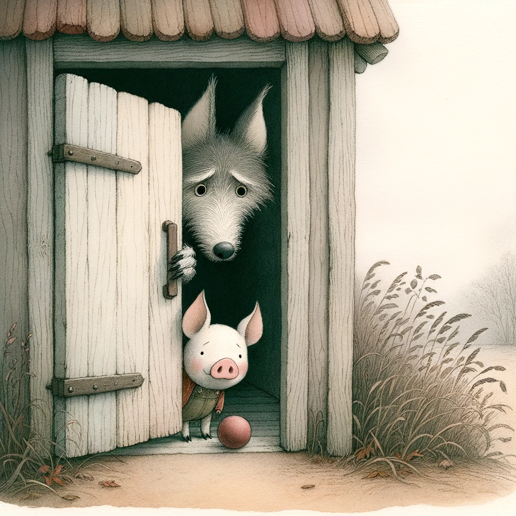 Illustration in melancholic hues of the second pig hiding behind its wooden door, as the little wolf, with drooping ears, waits outside with a ball in his mouth.