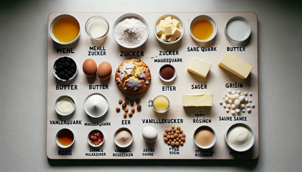 Foto der Zutaten für den Ynameser Krustenkuchen: Auf einem Küchentisch sind die Zutaten für den Kuchen ordentlich angeordnet. Man sieht Mehl, Zucker, Butter, Eier, Magerquark, saure Sahne, Vanillezucker, Grieß und optional Rosinen. Jedes Zutat hat ein kleines Etikett, das den Namen und die Menge angibt.