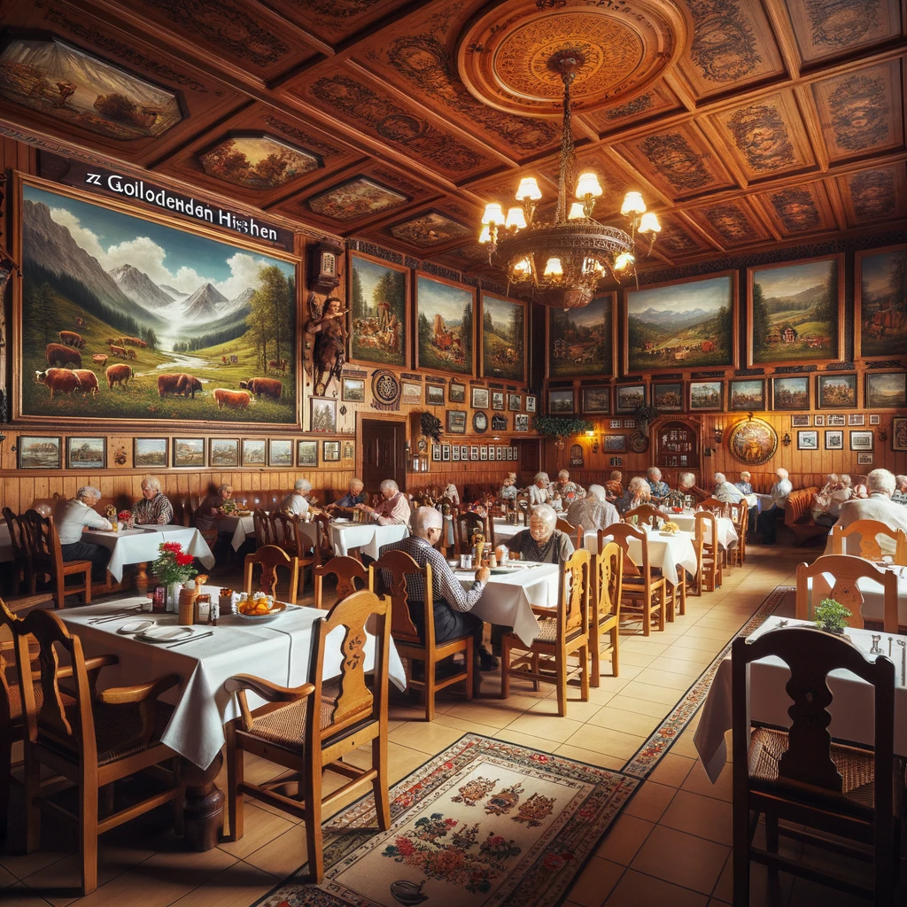 Innenansicht der Gaststätte Zum goldenen Hirschen in Kafeld. Ein traditionelles Restaurant mit Holztischen und -stühlen, das lokale Spezialitäten serviert. Gäste genießen ihre Mahlzeiten, und an den Wänden hängen Bilder der Butha-Ebene, gemalt von der Künstlerin Maria Becker.