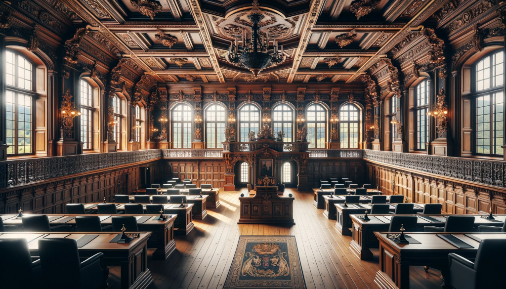 Der große Sitzungssaal im Obergeschoss des alten Rathauses von Kafeld. Der Raum, mit seiner reich verzierten Holzdecke und großen Fenstern, strahlt eine historische Eleganz aus und diente einst als Versammlungsort für den Stadtrat.