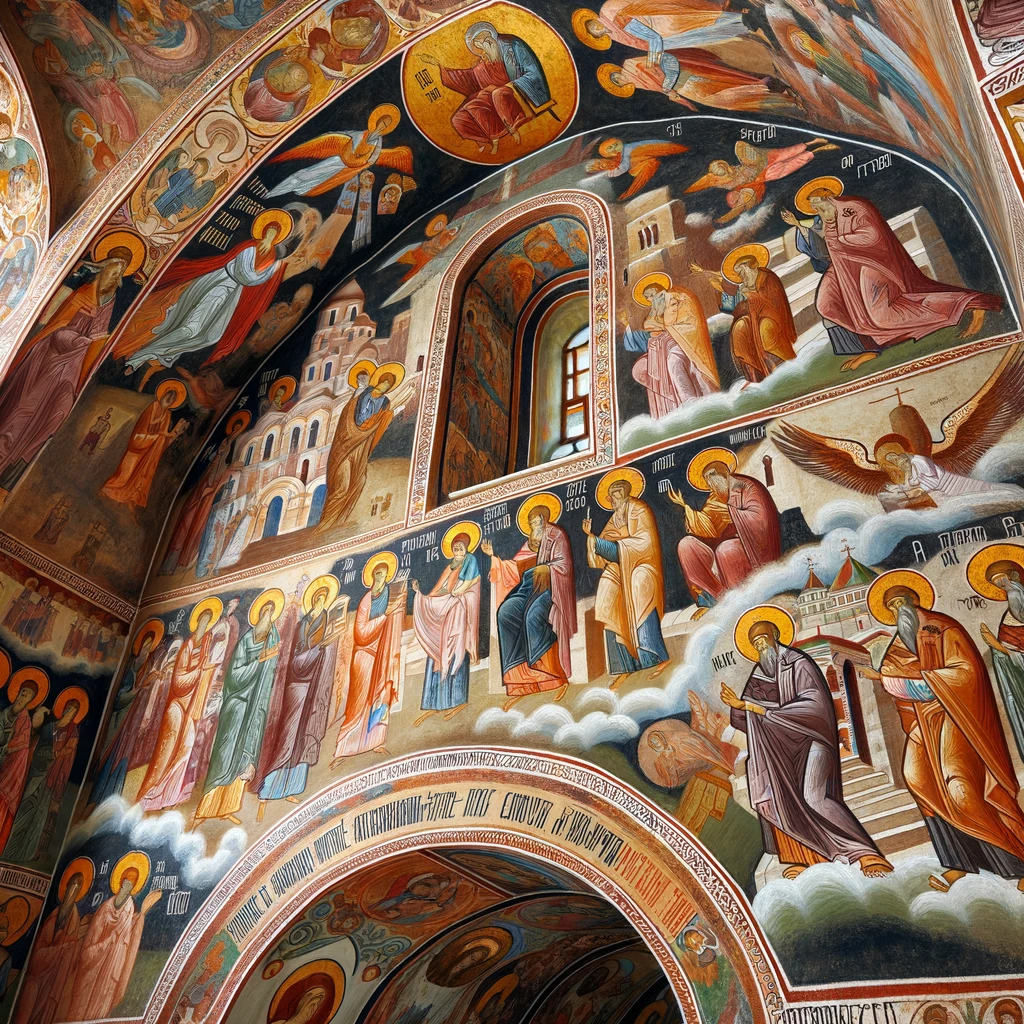 Close-up of the church's well-preserved frescoes and wall paintings, illustrating stories from the Old and New Testament.