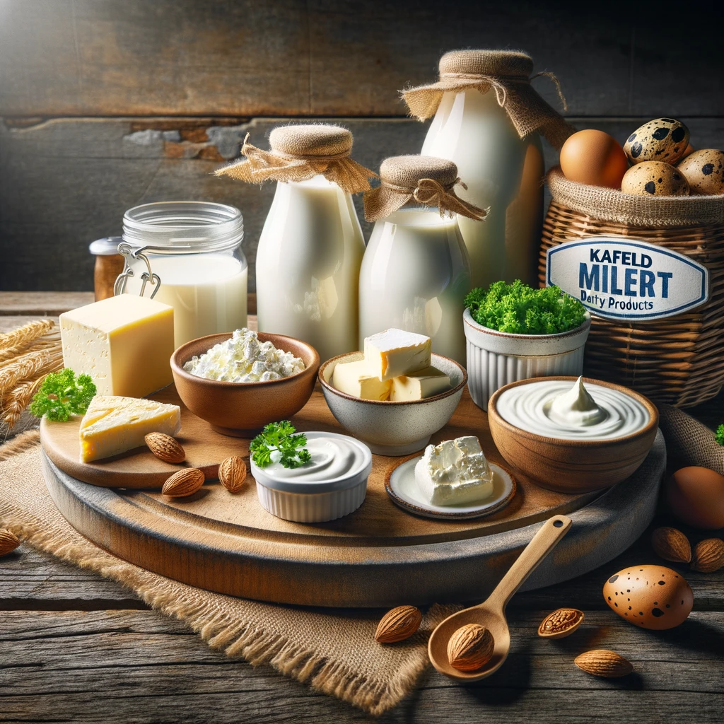 Eine Nahaufnahme von einigen Produkten der Kafeld Dairy Products GmbH, darunter Milch, Joghurt, Käse und Butter, ansprechend präsentiert auf einem rustikalen Holztisch.
