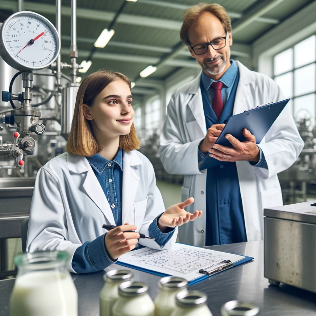 Mitarbeiter der Kafeld Dairy Products GmbH bei einer Schulung, wobei sie neue Techniken lernen und sich über Qualitätsstandards austauschen.