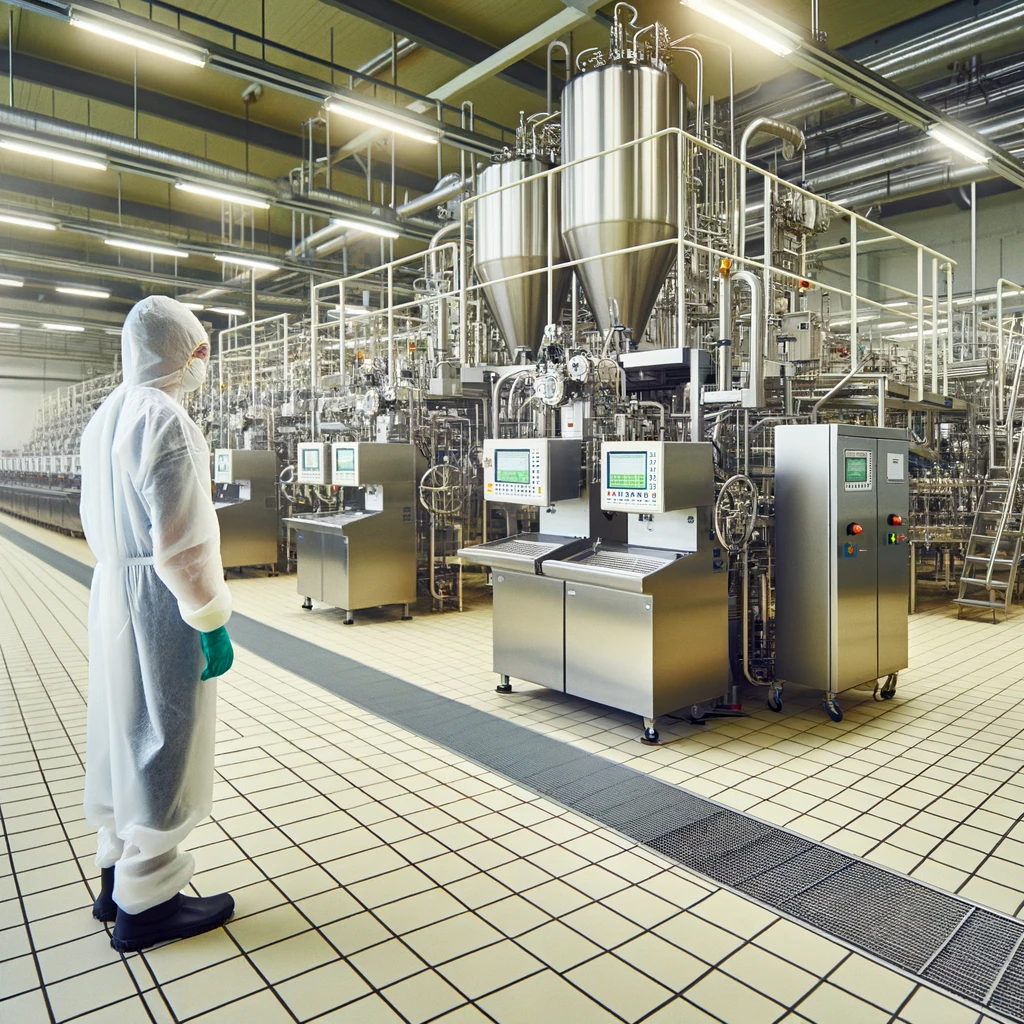Ein Innenblick in die Produktionshalle der Kafeld Dairy Products GmbH, wo moderne Maschinen Milchprodukte verarbeiten und Mitarbeiter in Schutzkleidung die Qualität überwachen.