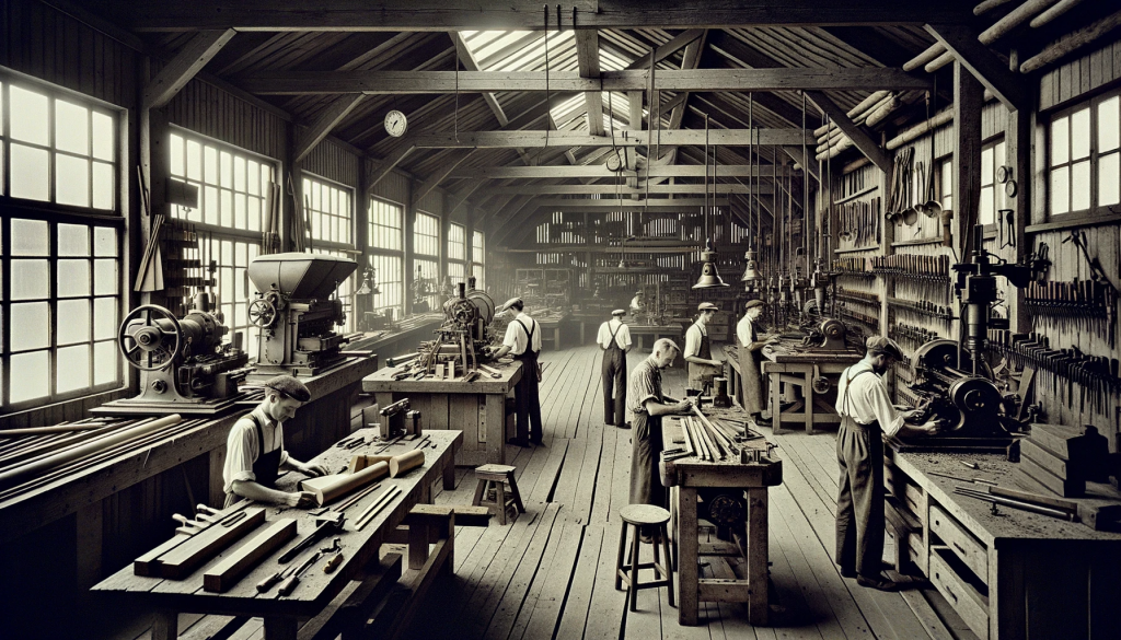 Foto im Querformat: Innenansicht der Werkstatt der Schreinermeister Müller GmbH in den 1950er Jahren. Ältere Schreinermaschinen und Werkzeuge sind in einem rustikalen Raum angeordnet. Einige Handwerker sind bei der Arbeit zu sehen, konzentriert und in altertümlicher Arbeitskleidung.