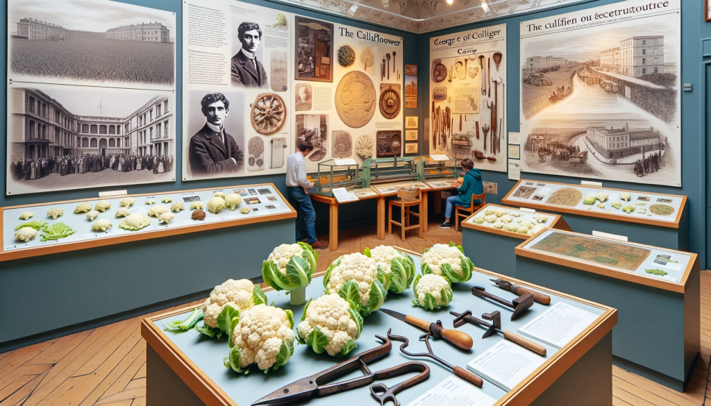 Photo in wide format of the interior of the Cauliflower Museum. The museum showcases displays about the history of cauliflower, its cultural significance, and techniques. Informative plaques can be seen next to exhibits. There's a corner dedicated to George and his achievements, with photos and tools he used. Visitors can be seen in the background attending a workshop.