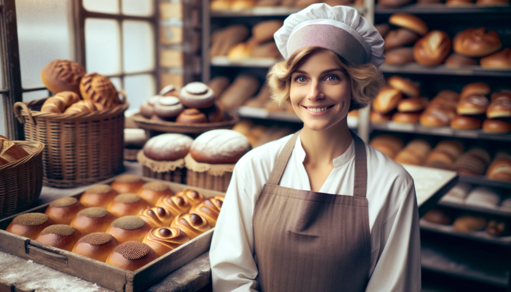 Photo of a young Martina Müller, around the age of 25, standing in a traditional bakery setting. She's wearing a baker's apron and hat, with a proud smile, surrounded by freshly baked breads and pastries.