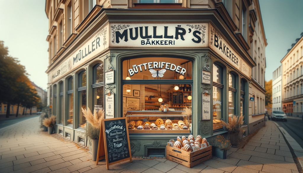 Photo of the bakery in Butterfield exterior view. The shop sign reads 'Müller's Bäckerei'. The window display showcases a variety of baked goods, and a chalkboard advertises the 'Butterfelder Traum'.