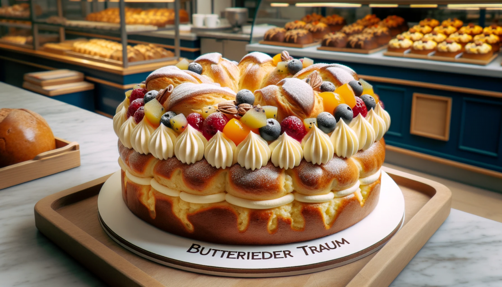 Photo of a delicious-looking cake named 'Butterfelder Traum'. The cake is made from fluffy yeast dough, filled with a creamy mixture of regional butter, fresh fruits, and a hint of cinnamon. The cake is displayed on a wooden table with a bakery background.