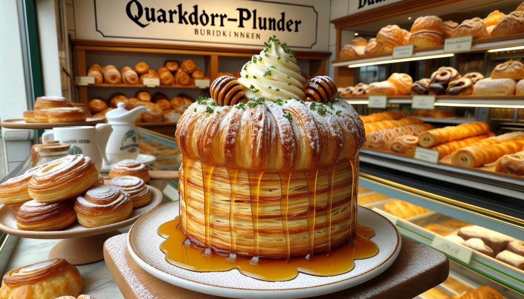 Photo of a sweet pastry named 'Quarkdorf-Plunder'. The pastry is made from layers of puff pastry, filled with a mixture of fresh quark, honey, and fresh herbs. The pastry is garnished with powdered sugar and is displayed on a plate, with a background of a bakery counter showcasing other baked goods.