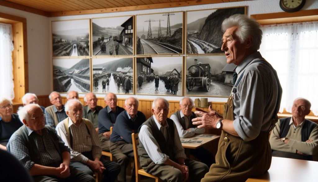 Foto im Querformat: Friedrich Bauer im fortgeschrittenen Alter, während er in seinem Heimatdorf Hammerdorf einen Vortrag über die Bergbaugeschichte hält. Er steht vor einer Leinwand mit historischen Fotos des Bergbaus, während eine Gruppe von Dorfbewohnern und Interessierten aufmerksam zuhört.
