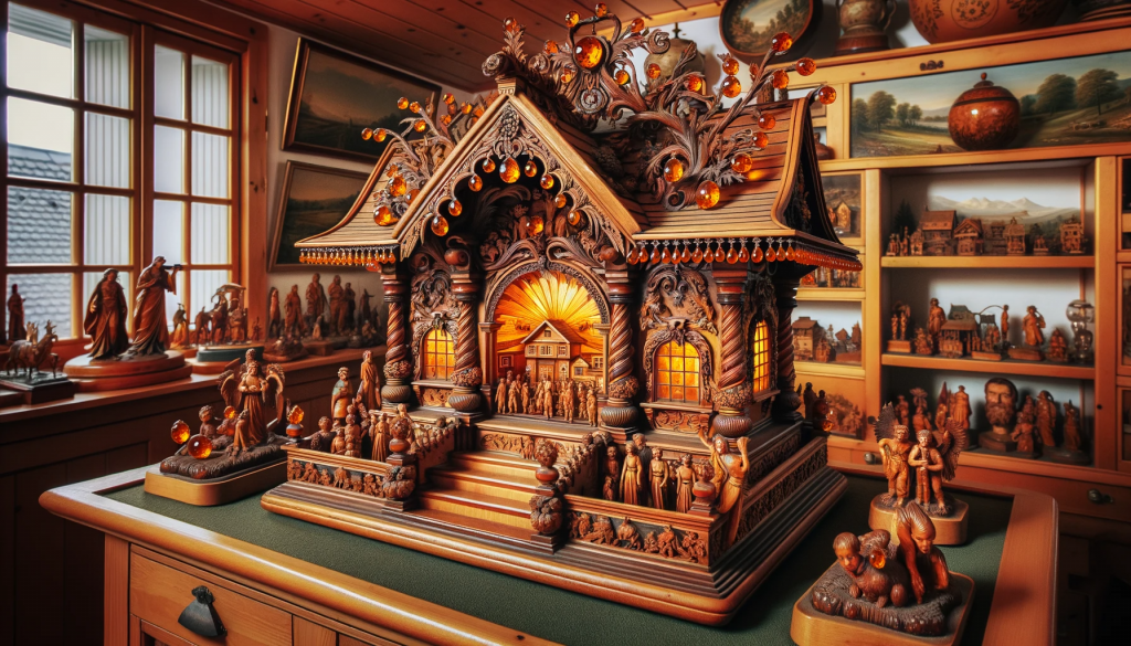 Photo of the Bernstein-Schrein from the 18th century, placed in a specially designed room. The shrine is crafted from fine woods, adorned with intricate carvings depicting rural life and nature. It's embellished with numerous amber gemstones, radiating a warm glow. Around the shrine, other collectibles and antiques can be seen.