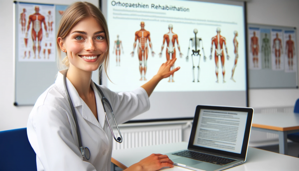 Foto von Dr. Johanna Schmidt, während sie eine Fortbildung im Bereich der orthopädischen Rehabilitation hält. Sie steht vor einem Projektor oder einer Tafel und erklärt den anwesenden jungen Ärzten und medizinischem Personal die neuesten Techniken und Verfahren.