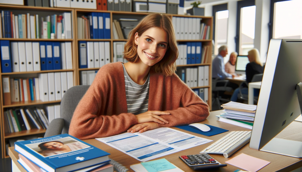 Lena Becker, der Sozialarbeiterin, in ihrem Büro im Kurklinikum, während sie mit einem Patienten und dessen Familie ein unterstützendes Gespräch führt. Bücher, Informationsbroschüren und ein Computer sind auf ihrem Schreibtisch zu sehen.
