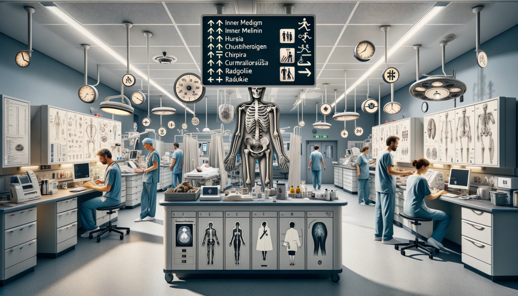 Foto des Innenbereichs des Ackero Regionalhospital, mit Hinweisschildern zu verschiedenen Fachabteilungen wie Innere Medizin, Chirurgie und Radiologie, und Menschen, die in den Fluren des Krankenhauses unterwegs sind.