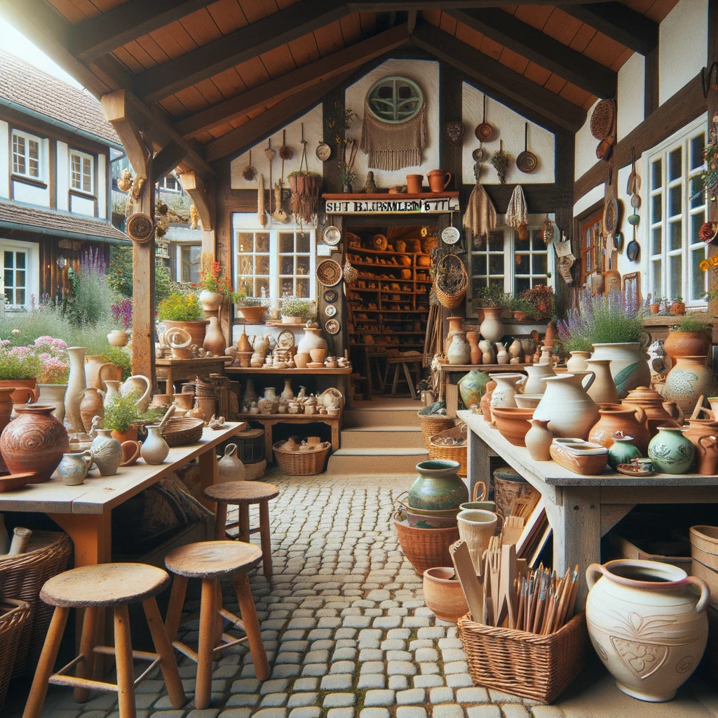 Foto des Ateliers von Laura Lang in der „Blumenstraße“ in Folksi. Das Atelier ist ein gemütliches, in traditionellem Stil gebautes Gebäude. Draußen sind einige ihrer Keramikwerke ausgestellt, während Laura Lang im Hintergrund an einem neuen Stück arbeitet. Ihre Werke zeigen die Schönheit und Einfachheit des Landlebens.
