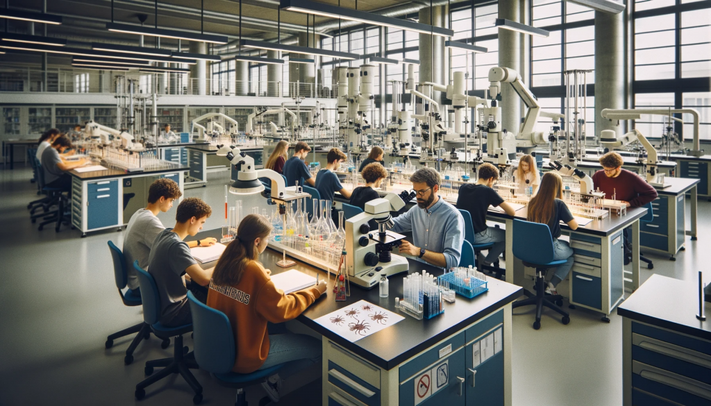 Foto im Querformat des Innenraums der Fakultät für Naturwissenschaften der Universität von Butha. Große Labortische sind mit Mikroskopen, Reagenzgläsern und anderen wissenschaftlichen Geräten ausgestattet. Studierende in Laborkitteln arbeiten an verschiedenen Experimenten, während ein Professor Anweisungen gibt.
