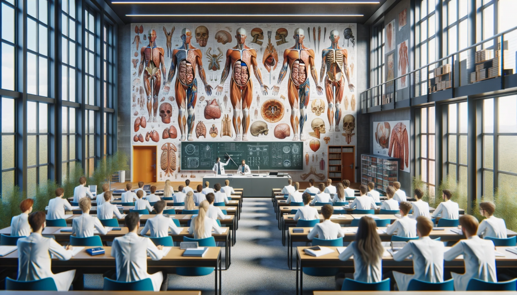 Foto im Querformat des Innenraums der medizinischen Fakultät. Ein moderner Hörsaal mit Studierenden, die Notizen machen, während ein Dozent eine Präsentation über menschliche Anatomie zeigt. An den Wänden hängen anatomische Modelle und Poster.