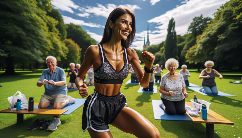 An outdoor photo capturing Yara Da Silva actively participating in a community event in Zielitz, where she is leading a gymnastics class for seniors in a lush, green park under a clear blue sky. Yara, dressed in sporty attire, is demonstrating an exercise while smiling encouragingly at the seniors, who are actively participating and enjoying the session. The scene reflects Yara’s engagement with the community and her dedication to promoting health and well-being among its members.