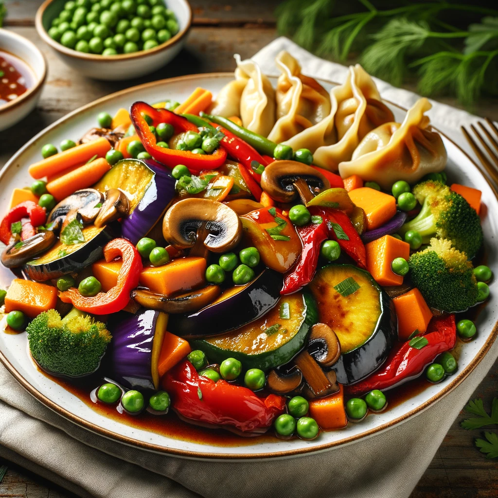 Photo of a colorful and appetizing vegetable stir-fry dish on a white plate, served as a main course for four people. The dish features sautéed slices of aubergine, bell peppers, and mushrooms, mixed with steamed carrots and peas. The vegetables are coated in a rich and savory vegetable sauce, creating a glossy and flavorful appearance. Beside the vegetable stir-fry, there are golden-brown slices of cold boiled dumplings, pan-fried to perfection. The plate is garnished with fresh herbs, adding a pop of color and freshness to the dish. The background is a rustic wooden table, enhancing the home-cooked feel of the meal.