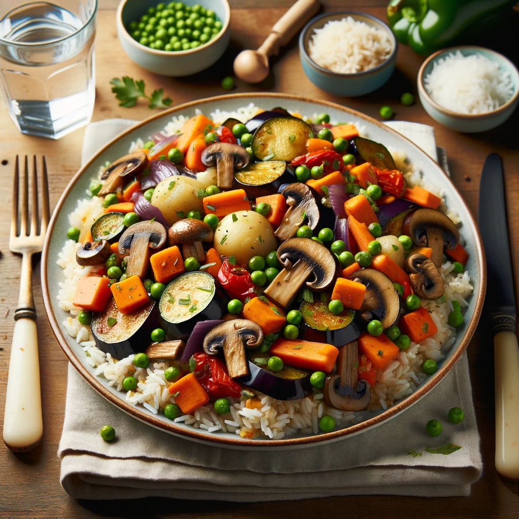 Photo of a heaping serving of vegetable and rice stir-fry on a white plate, set on a wooden dining table. The dish features diced eggplant (aubergine), bell peppers, mushrooms, steamed carrots, peas, and sliced boiled dumplings (Klöße), all mixed together with cooked rice. Everything is tossed and coated in a savory vegetable sauce. Garnished with fresh herbs on top. Accompanied by cutlery and a glass of water.