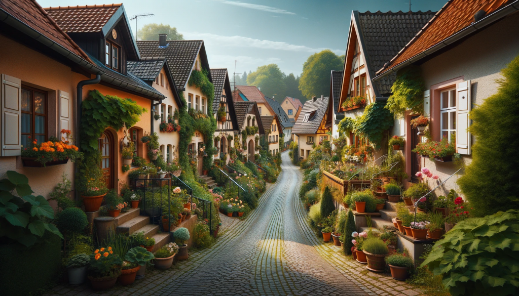 Photo in landscape orientation of Lilienstraße in the village of Joketa. The street is narrow and lined with charming small houses, each featuring a front garden lushly adorned with a variety of flowers. The houses have a quaint, rustic appearance, with warm-colored facades and gabled roofs. The street itself is paved with cobblestones, and there is a gentle curve in the road that adds to the picturesque nature of the scene. The atmosphere is peaceful and serene, with a clear blue sky overhead and the gentle rustle of leaves in the breeze.