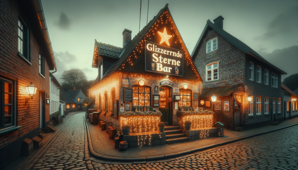 Photo in landscape format capturing the exterior of the 'Glitzernde Sterne Bar' in Joketa, a small village setting. The bar is housed in a quaint, single-story building with exposed brick and wooden accents. Sparkling fairy lights are strung along the façade, creating a magical atmosphere. The surrounding area is quiet and rustic, with cobblestone streets and a few scattered trees. The illuminated signboard of the bar stands out, inviting visitors to enter.