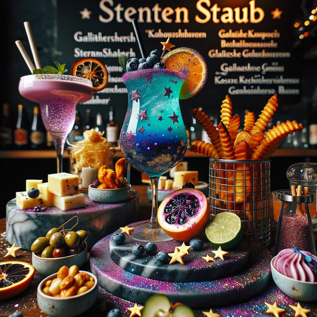 A photo capturing a segment of the unique and creative menu from the 'Glitzernde Sterne Bar'. The image showcases a beautifully presented 'Sternenstaub' cocktail, a vibrant blend of blueberry liqueur, vodka, and a splash of sparkling champagne, garnished with edible glitter. Beside it is the 'Galaktische Genuss', a tantalizing cocktail made from passion fruit, lime, rum, and a hint of mint. The drinks are accompanied by a plate of 'Kosmische Knabbereien', a selection of fine cheeses, olives, and nuts, perfectly paired with the drinks. Additionally, there are 'Sternschnuppen-Pommes', crispy sweet potato fries served with a homemade 'Sternenstaub' sauce.