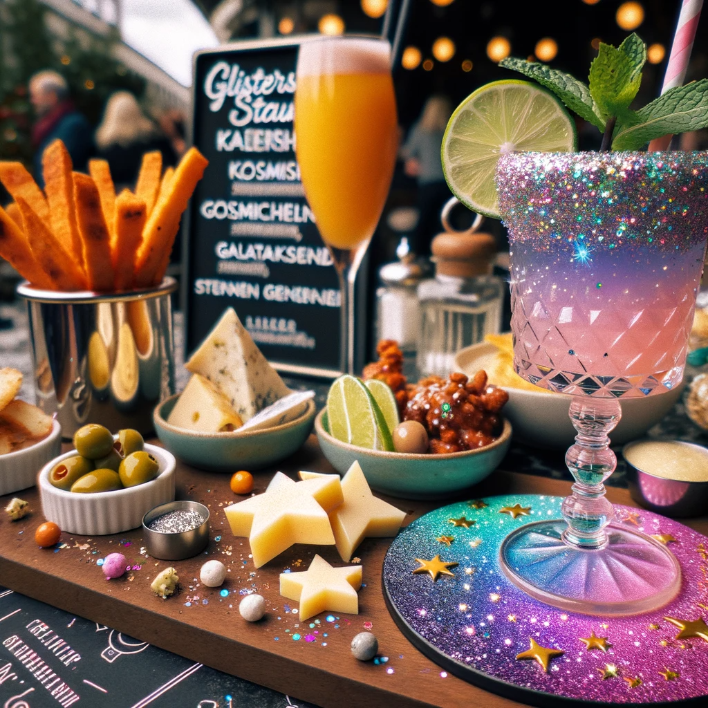 A photo displaying the creative and fancy menu options at the 'Glitzernde Sterne Bar'. In the foreground, there is a close-up of the 'Sternenstaub' cocktail, showing the sparkling edible glitter on top. Next to it is the 'Galaktische Genuss' cocktail, with visible mint leaves and a slice of lime on the rim of the glass. In the background, there is a small plate of 'Kosmische Knabbereien', with an assortment of cheeses, olives, and nuts, as well as a side of 'Sternschnuppen-Pommes', sweet potato fries with a drizzle of the homemade 'Sternenstaub' sauce.