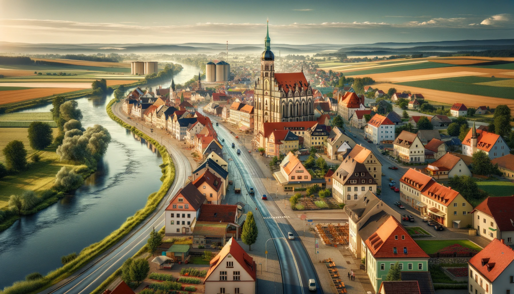 A panoramic photo of a picturesque small town, Rehstadt, in the district of Priestewitz in Buthania, showcasing its agricultural roots and idyllic location on the left bank of the river Butha. The view includes the main street, Butha-Allee, lined with historical buildings and modern facilities. The prominent St. Bartholomew's town church with its striking tower rises above the rooftops. The image also captures the quaint streets like Feldweggasse, Kornblumenstraße, and Mühlenstraße leading to the city's landmarks. In the distance, the Rehstadt Water Power Plant can be seen utilizing the river flow for electricity, symbolizing a blend of historical and sustainable energy production. The scene is vibrant with a sense of community among the 2,538 residents.