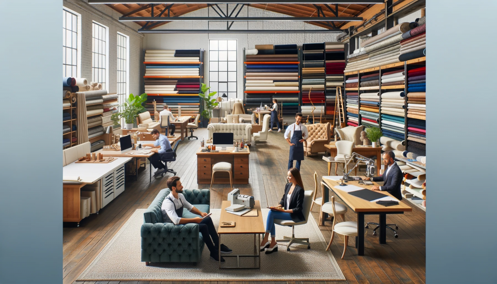 Photo of the interior of 'Stilvolle Stoffe' upholstery shop, showcasing a spacious and well-lit workshop where a diverse team of upholsterers are engaged in their craft. The space is organized with workstations for restoring furniture and creating custom pieces, shelves filled with high-quality fabrics ranging from microfiber to velvet, and a consultation area where a female business owner is providing expert advice to clients. In the background, a male delivery driver is preparing furniture for delivery, reflecting the hands-on service the shop provides.