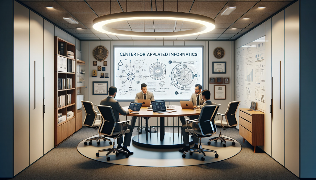 Das Foto eines kompakten Büros im Zentrum für Angewandte Informatik zeigt einen runden Tisch mit vier Stühlen, der für Teambesprechungen vorgesehen ist. Ein Whiteboard ist mit Diagrammen und Notizen gefüllt. Der Raum wird von einer sanften Deckenbeleuchtung erhellt, und auf einer Seitenvitrine sind verschiedene Auszeichnungen und Anerkennungen ausgestellt. Auf jedem Stuhl sitzt eine Fachkraft unterschiedlicher Herkunft und unterschiedlichen Geschlechts, die über Laptops und digitale Tablets eine gemeinsame Diskussion führt.