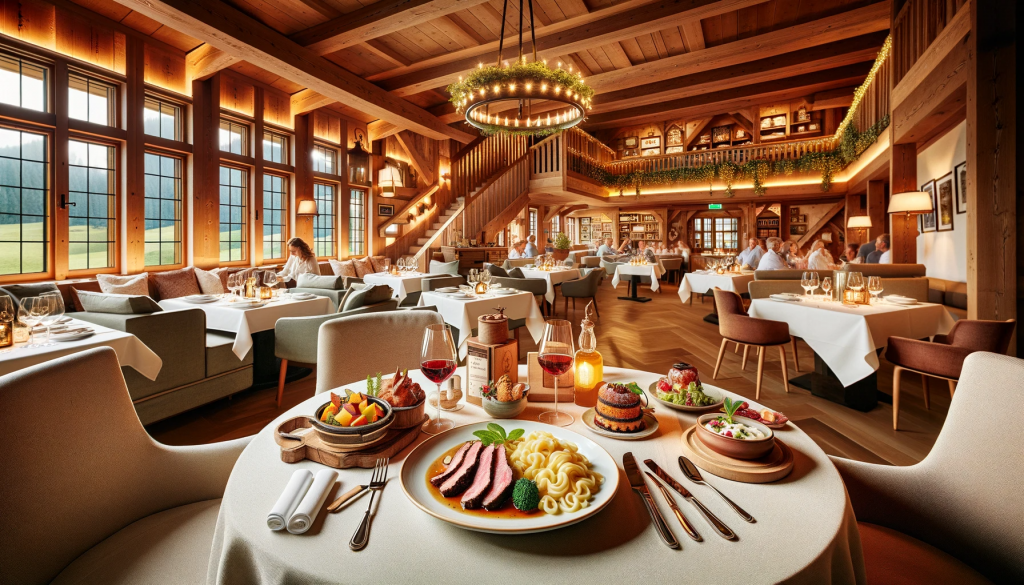 Interior of 'Goldener Hirsch' restaurant with a view of a cozy dining area. The restaurant is designed with rustic elegance, featuring wooden beams