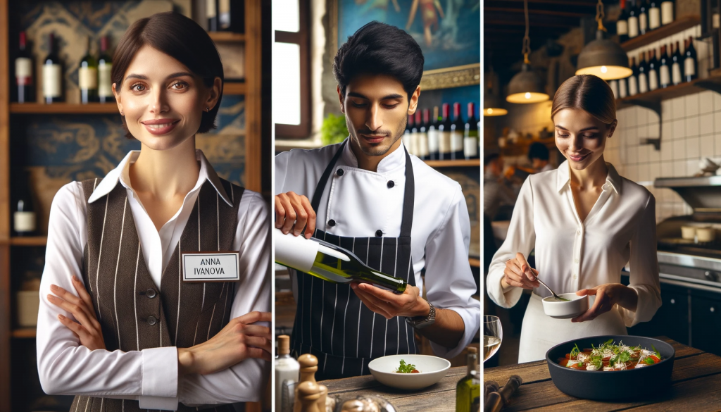 Eine Frau in den Vierzigern mit professionellem Auftreten, kurzen braunen Haaren und einem warmen Lächeln, die eine elegante Uniform mit einem Namensschild mit der Aufschrift "Anna Ivanova" trägt. Sie steht in einem traditionellen Restaurant und bietet den Gästen selbstbewusst eine Flasche Wein an, mit einer rustikalen Einrichtung im Hintergrund. Das zweite Bild zeigt einen Mann in den Dreißigern, südasiatischer Abstammung, mit kurzen schwarzen Haaren, der eine weiße Kochjacke trägt und konzentriert und leidenschaftlich aussieht, während er in einer gut ausgestatteten Großküche ein Gericht mit frischen Kräutern garniert. Eine dritte Person, eine junge Frau mit langem, nach hinten gebundenem blondem Haar, die ein gepflegtes Kellneroutfit trägt, serviert den Restaurantgästen das Essen, wobei ihr freundliches Auftreten die warme und einladende Atmosphäre des Essbereichs unterstreicht.