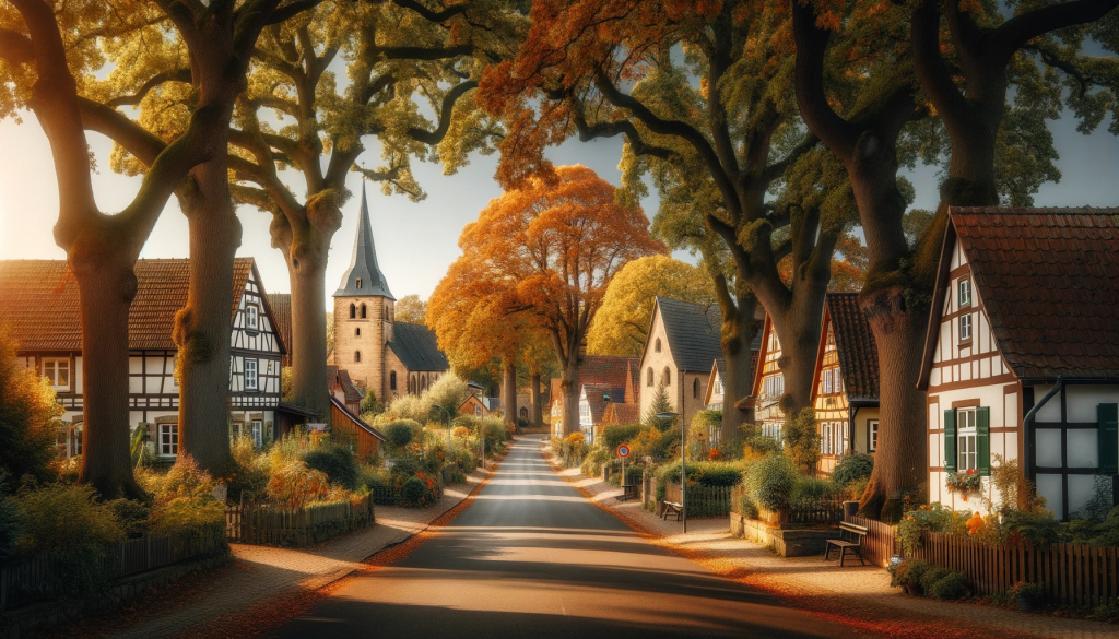 A picturesque rural street lined with ancient oaks and maple trees in vibrant autumn colors. The road is named 'Erntewegallee', which runs through the center of Atlan, a village in Buthanien. Traditional timber-framed houses with well-kept gardens are visible, showing the care of the residents. The church, a sturdy 17th-century structure with a towering bell tower, stands at a quiet village square surrounded by linden trees. The scene captures the harmony between heritage and community life in a small village setting, with clear skies and the warmth of a late afternoon sun casting soft shadows on the street.