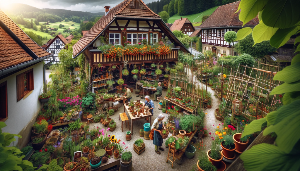 A botanical nursery called 'Blühende Beete Gärtnerei' tucked away on a quaint side path named 'Grüne Wegbiegung' on the southern edge of the village of Atlan. The nursery is a lush tapestry of native and exotic plants, reflecting the passion of Charlotte Chen, a renowned botanist and gardener. The scene includes a vibrant flower garden, an open workshop with Charlotte sharing her knowledge in a workshop, and hobby gardeners gathering around. The atmosphere is one of sustainability, with organic fertilizers and eco-friendly gardening practices evident. The background shows the idyllic landscape of the village with timber-framed houses, and the overall impression is of a community deeply connected to nature and horticulture.