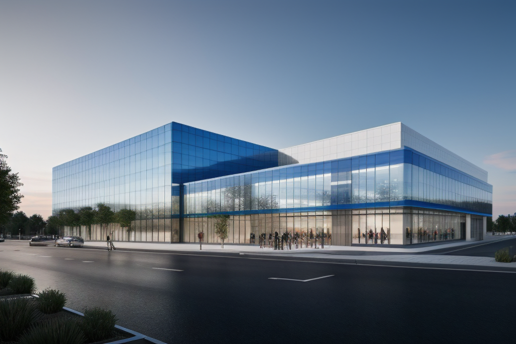 Photo of a modern building complex with a glass facade, reflecting the blue sky, situated at Technologieallee 3. The architecture is futuristic with sleek lines and an innovative design, symbolizing the cutting-edge work of the Center for Applied Informatics (ZAI) within the realms of software development, data science, and IT security. The image captures the essence of a leading tech hub, bustling with activity and innovation.