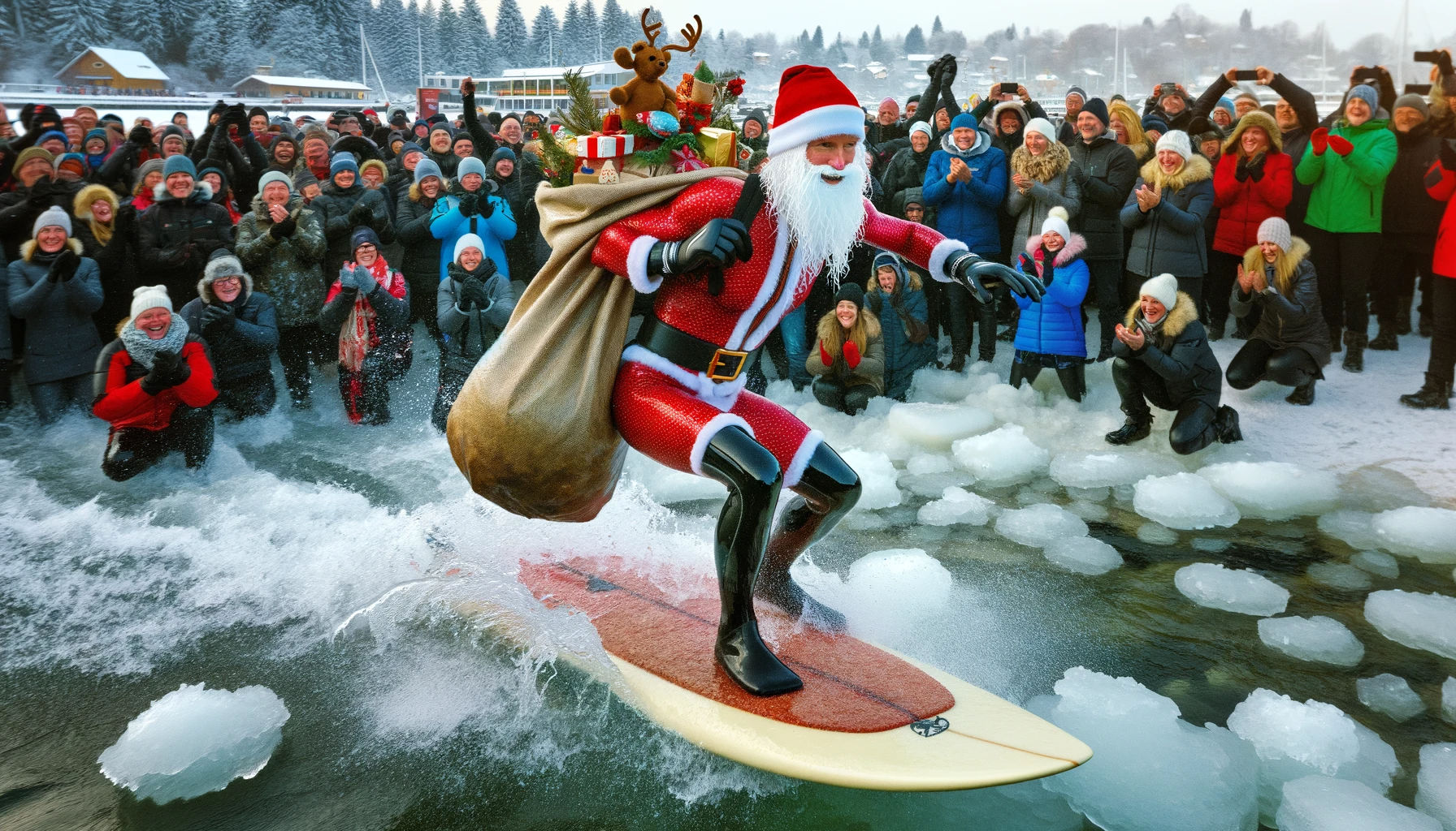 In Freso kommt die Weihnachtsfrau auf dem Surfbrett an