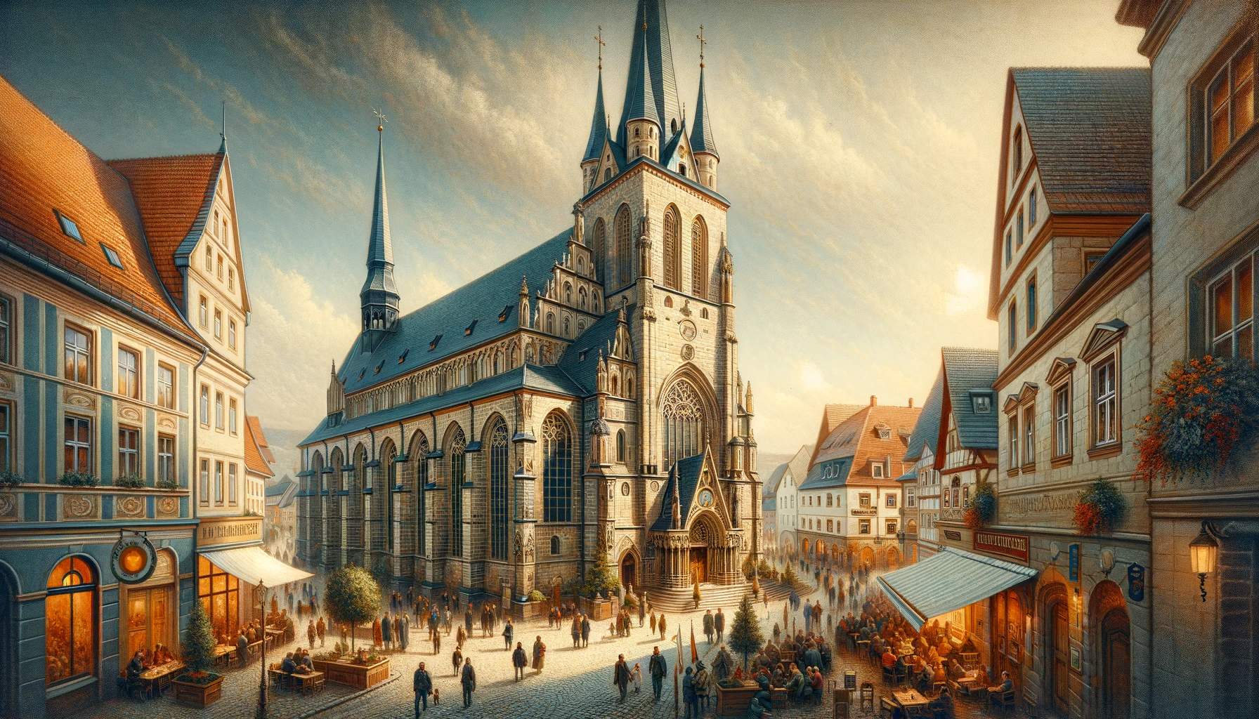 The image depicts the St. Martinus Church, an architectural masterpiece with delicate stonework and intricate masonry that testifies to the masterful craftsmanship of bygone eras. The church's tower soars into the sky, a steadfast beacon for the town of Grenzburg for centuries. In a vibrant scene, the church is the hub of community life, with people coming together for regular services, weddings, and baptisms, infusing it with vitality. The church's interior boasts exceptional acoustics, making it a favored venue for concerts ranging from classical to contemporary performances, and it's central to local festivals like the annual Easter procession and the Christmas market that spreads across the church square. The image also captures the bustling Church Street leading to the church, lined with quaint shops and cafes where locals and visitors mingle and enjoy views of the historic edifice.